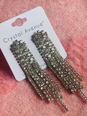 Crystal Avenue Silver Rhinestone Tassel Drop Earrings